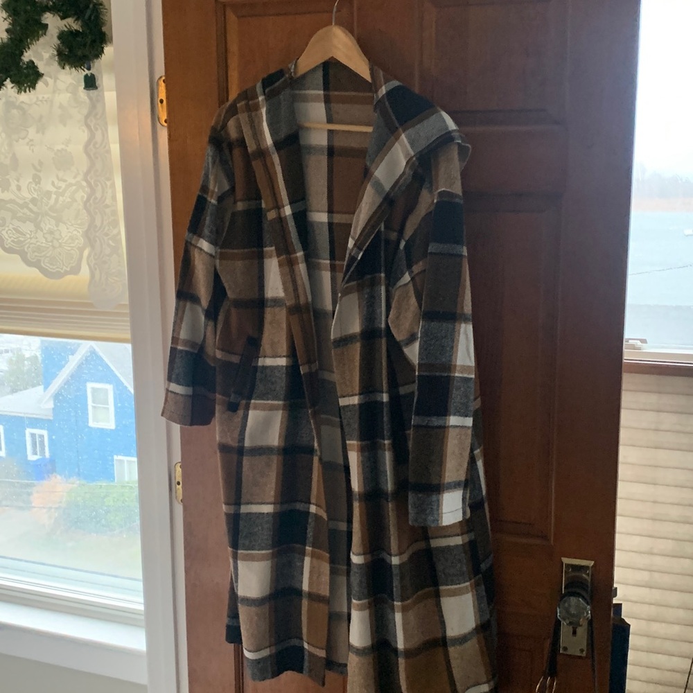 PLAID PRINT HOODED JACKET/SHACKET  WITH POCKETS